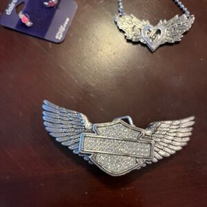 Harley-Davidson crystal belt buckle blingy necklace heart wings earrings silver